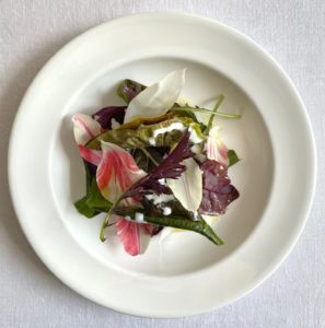 Fern Verrow leaves with tulips and buttermilk dressing
